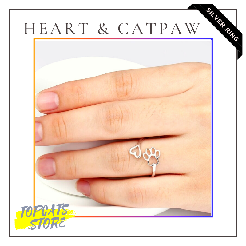 Heart & Cat Paw Silver Ring ♡ Human Accessories ✧ - TopCats.Store