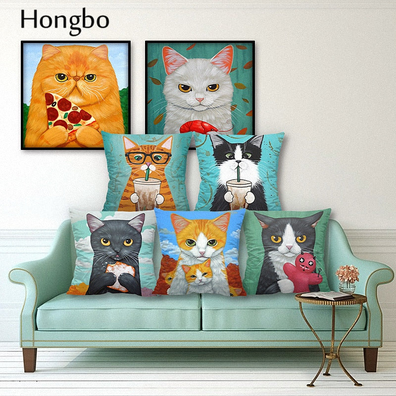 Hongbo Cartoon Cat Polyester Cushion Cover Animal Funny Pet Pillow Case Home Decorative Pillows Cover For Sofa Car Cojines - TopCats.Store