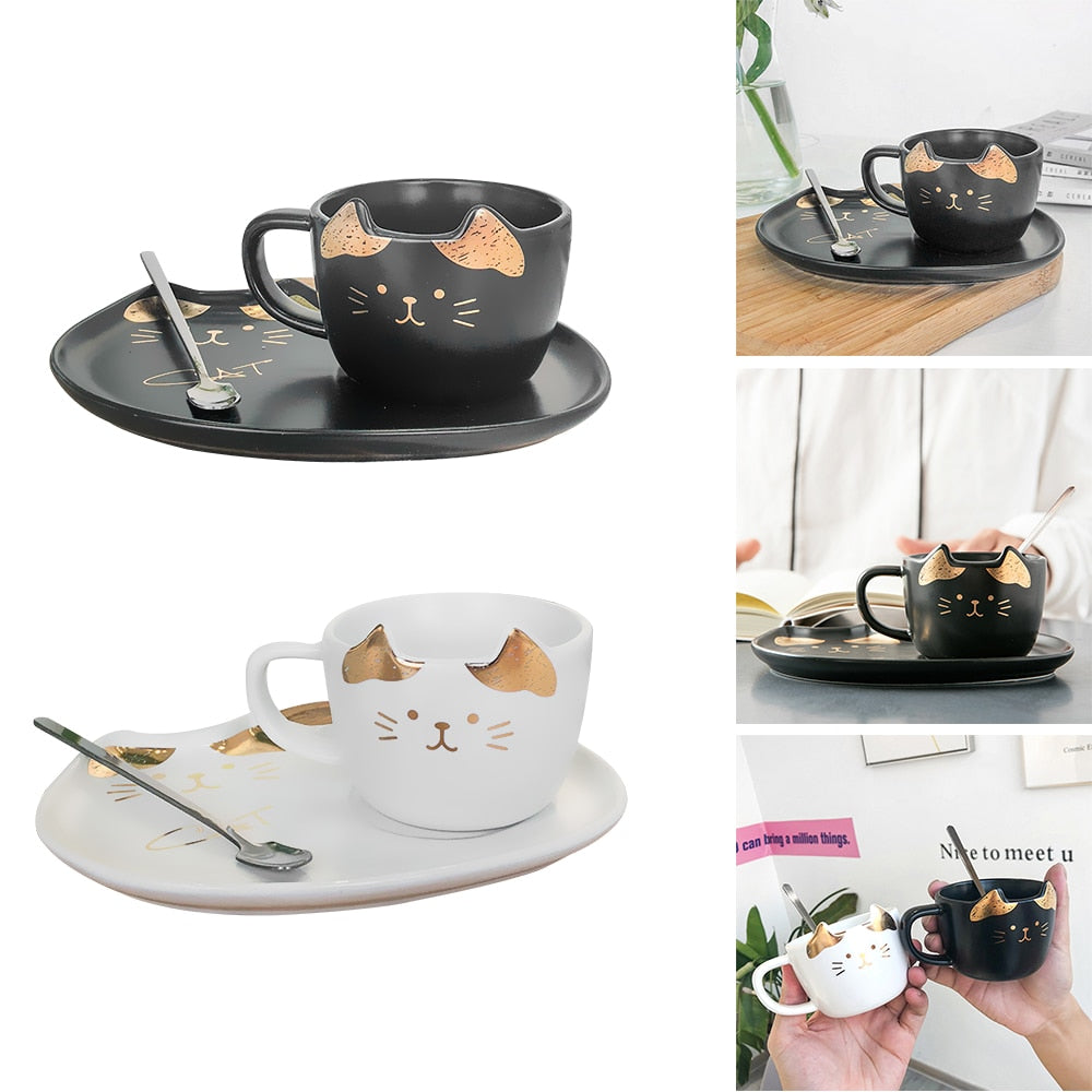 Cat Ceramic Coffee Cup Set With Mat And Lid Spoon Milk Ceramic Cup Breakfast Tableware Set Couple Mug Birthday Gift - TopCats.Store