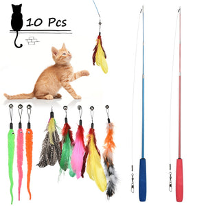 10Pcs Cat Feather Tease Toys Kit Interactive Stick With Small Bell Kitten Funny Fishing Rod Game Feather Toys For Cats Leapping - TopCats.Store