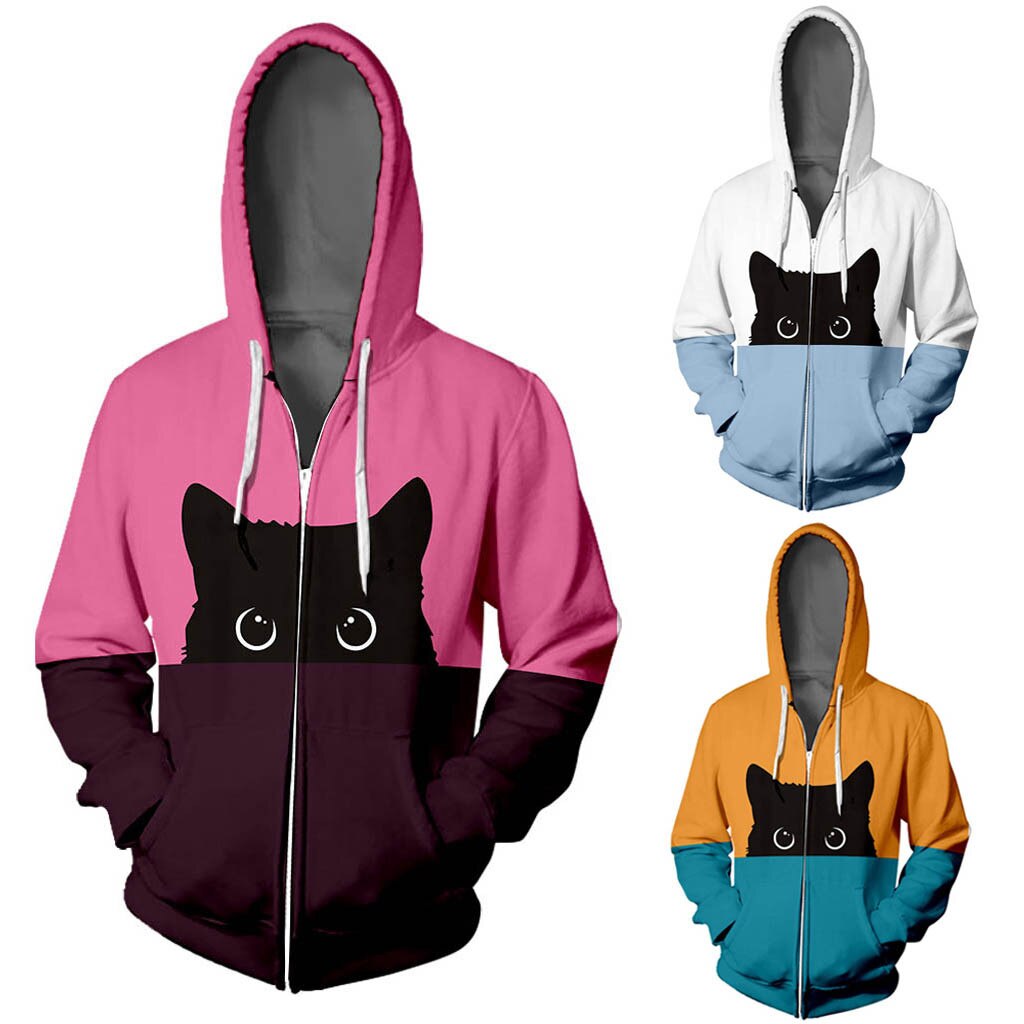 Lover Cat Print Hoodie Hip Hop Zipper Color Stamped Long Sleeve Big Pocket Coat Unisex  Sweatshirts Tracksuits Sportswear NEW - TopCats.Store