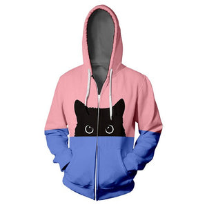 Lover Cat Print Hoodie Hip Hop Zipper Color Stamped Long Sleeve Big Pocket Coat Unisex  Sweatshirts Tracksuits Sportswear NEW - TopCats.Store