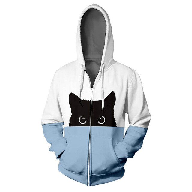 Lover Cat Print Hoodie Hip Hop Zipper Color Stamped Long Sleeve Big Pocket Coat Unisex  Sweatshirts Tracksuits Sportswear NEW - TopCats.Store