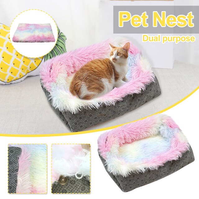 Cat Litter Colorful Two-in-one Cat Litter Cat Bed Plush Pet Cat Mattress Soft Long Plush Dog Basket Pet Cushion Portable Beds - TopCats.Store