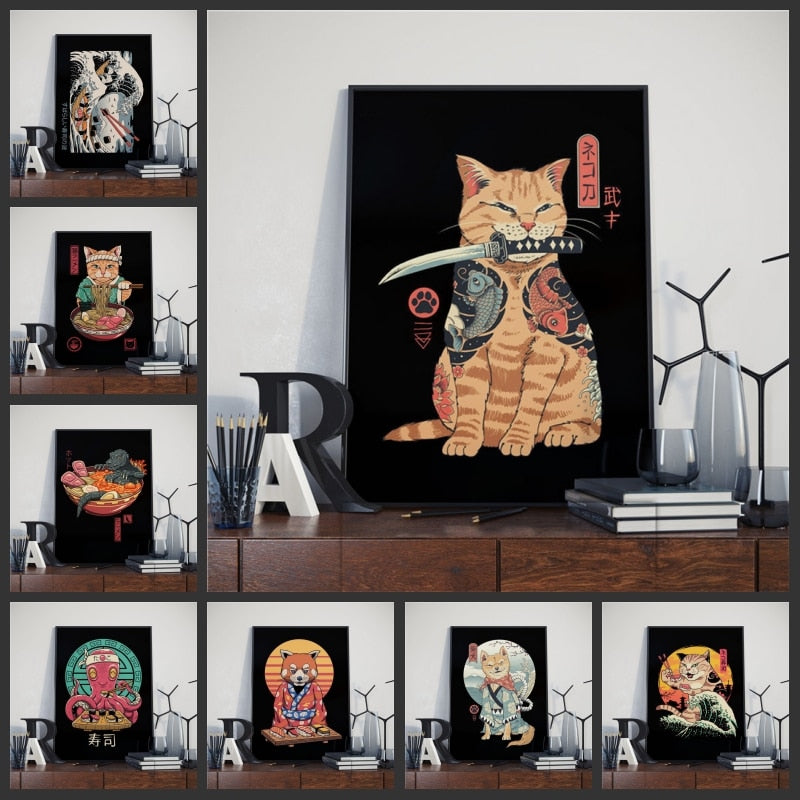 Japanese Samurai Cat Posters and Prints Ramen Nostalgia Quality Cartoon Canvas Paintings Animal Wall Art Pictures for Home Decor - TopCats.Store