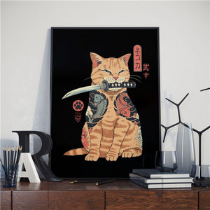 Japanese Samurai Cat Posters and Prints Ramen Nostalgia Quality Cartoon Canvas Paintings Animal Wall Art Pictures for Home Decor - TopCats.Store