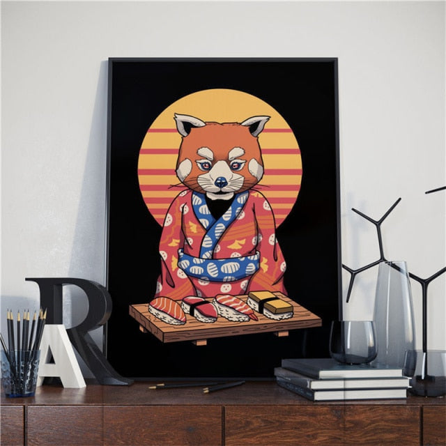 Japanese Samurai Cat Posters and Prints Ramen Nostalgia Quality Cartoon Canvas Paintings Animal Wall Art Pictures for Home Decor - TopCats.Store