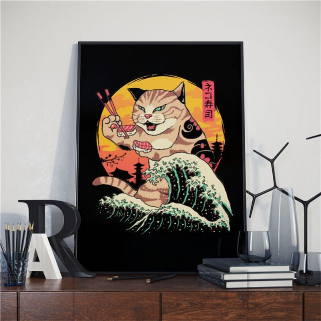 Japanese Samurai Cat Posters and Prints Ramen Nostalgia Quality Cartoon Canvas Paintings Animal Wall Art Pictures for Home Decor - TopCats.Store